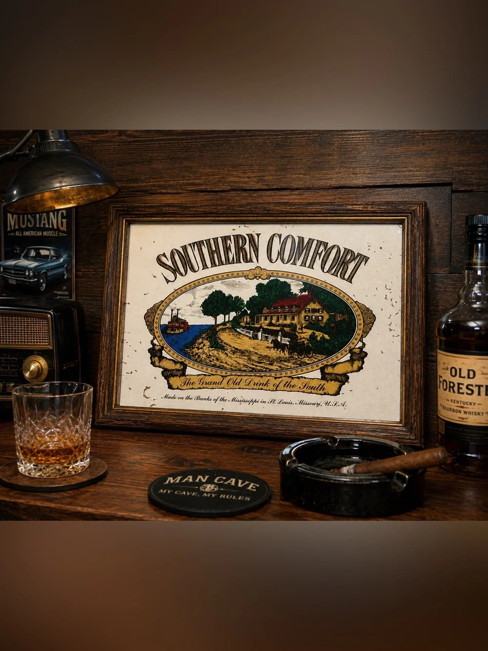 Southern Comfort Frame Advertising Mirror St. Louis Mississippi River Rustic Bar